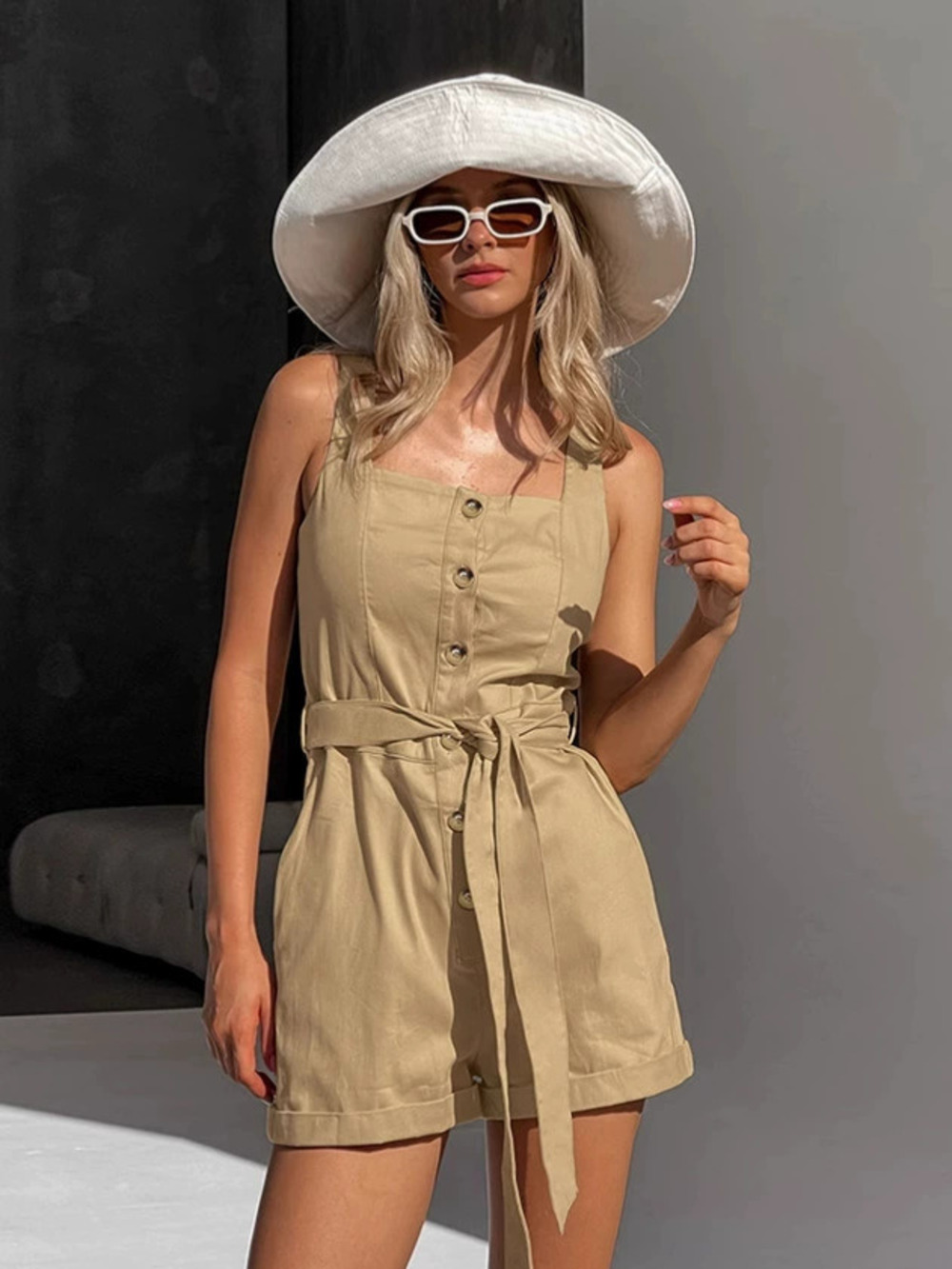 Forever 21 Summer Khaki Suspender Jumpsuit Casual Tie Waist